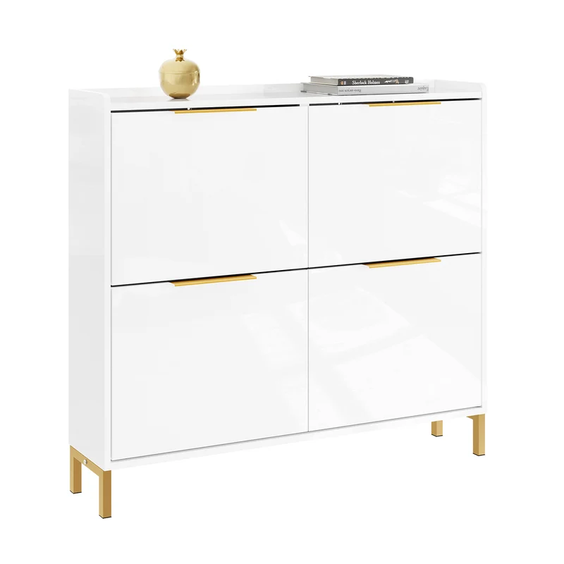 SoBuy FSR206-GW Armoire à Chaussures Ultra-Slim 19 cm pour 16-20 Paires, Finition Blanc Brillant et Or – Anti-Basculement, MDF E1, 100x19x90 cm