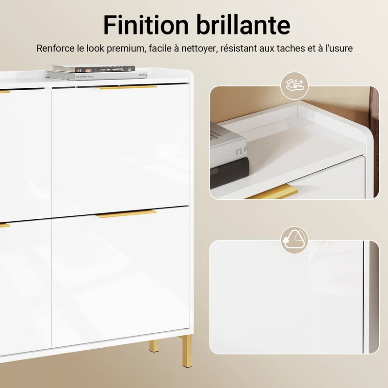 SoBuy FSR206-GW Armoire à Chaussures Ultra-Slim 19 cm pour 16-20 Paires, Finition Blanc Brillant et Or – Anti-Basculement, MDF E1, 100x19x90 cm