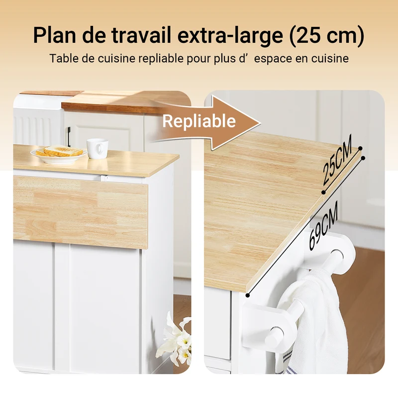 SoBuy FKW129-WN îlot Central de Cuisine sur Roulettes – Plan Extensible 44→69 cm, 2 Tiroirs, 2 Portes, Étagères Réglables – 113×91 cm, Blanc