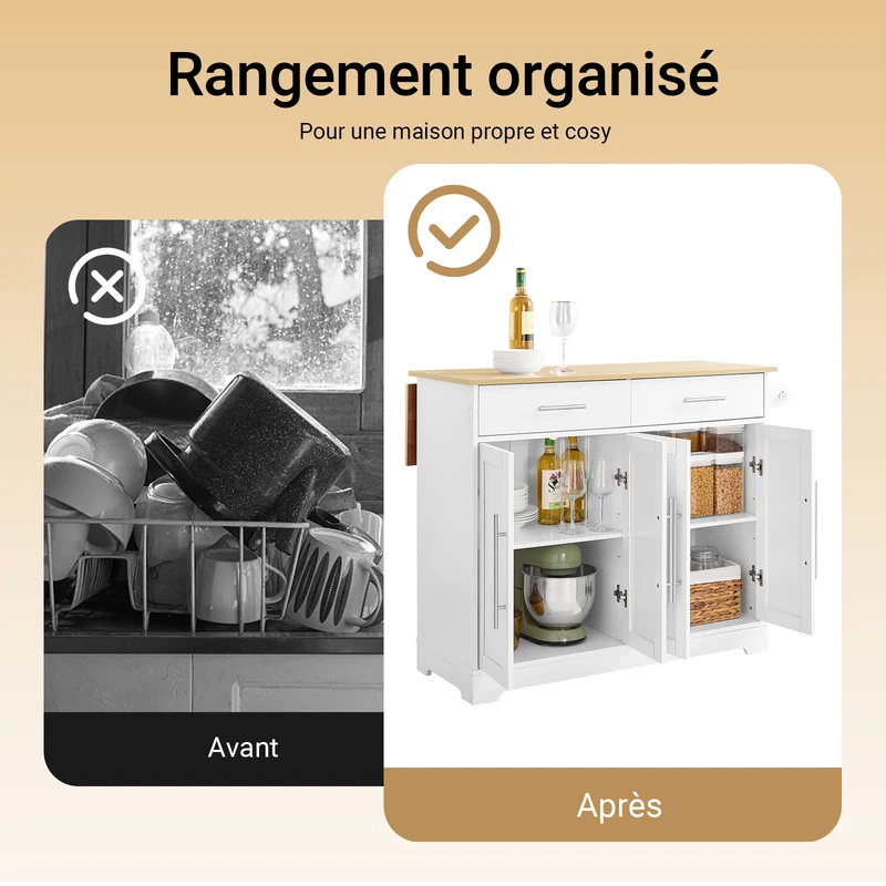SoBuy FKW129-WN îlot Central de Cuisine sur Roulettes – Plan Extensible 44→69 cm, 2 Tiroirs, 2 Portes, Étagères Réglables – 113×91 cm, Blanc