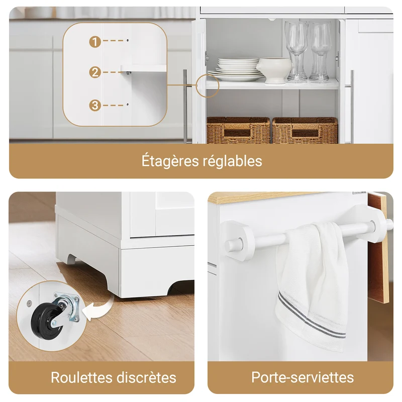 SoBuy FKW129-WN îlot Central de Cuisine sur Roulettes – Plan Extensible 44→69 cm, 2 Tiroirs, 2 Portes, Étagères Réglables – 113×91 cm, Blanc