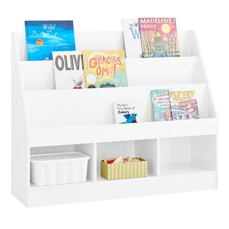 SoBuy KMB118-W Bibliothèque Enfant avec Étagère Supérieure et 3 Compartiments, Coins Arrondis et Dispositif Anti-Basculement – L100×P30×H80 cm, PB E1, Blanc