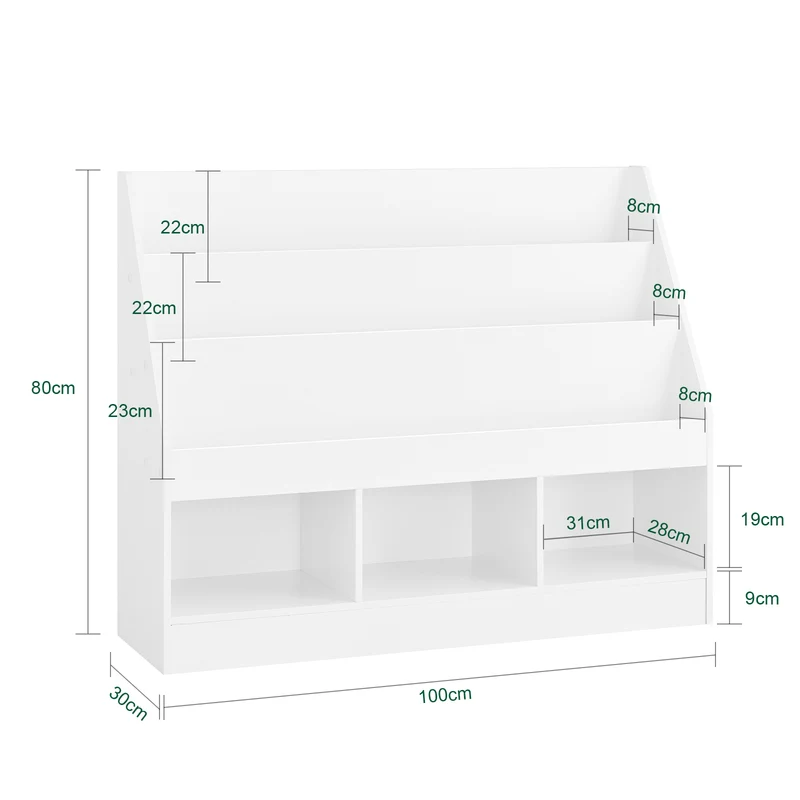 SoBuy KMB118-W Bibliothèque Enfant avec Étagère Supérieure et 3 Compartiments, Coins Arrondis et Dispositif Anti-Basculement – L100×P30×H80 cm, PB E1, Blanc