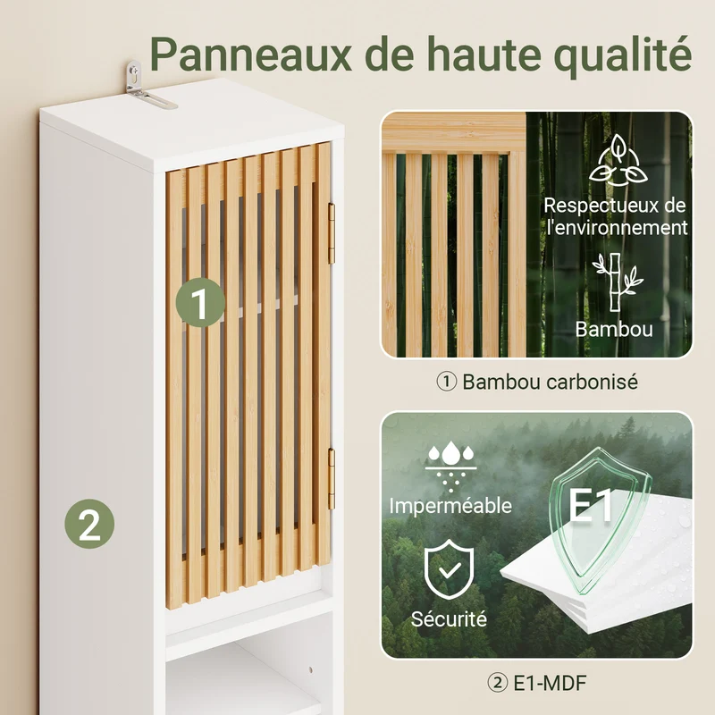 SoBuy BZR34-BW Colonne Bambou Style Naturel – Meuble WC Étroit 20 cm, Ventilé, Blanc