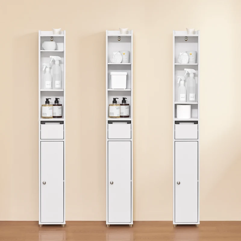 SoBuy BZR34-K-W Colonne Salle de Bain Ultra-Étroite 20×20×145 cm – 7 Niveaux, Porte et Tiroir, Blanc