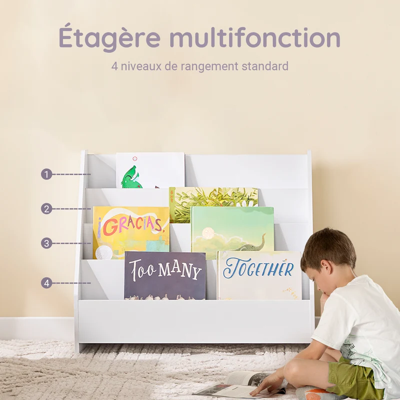 SoBuy KMB32-K-W Bibliothèque Enfant Montessori avec 4 Niveaux, Coins Arrondis et Dispositif Anti-Basculement – L70×P30×H60 cm, PB E1, Blanc