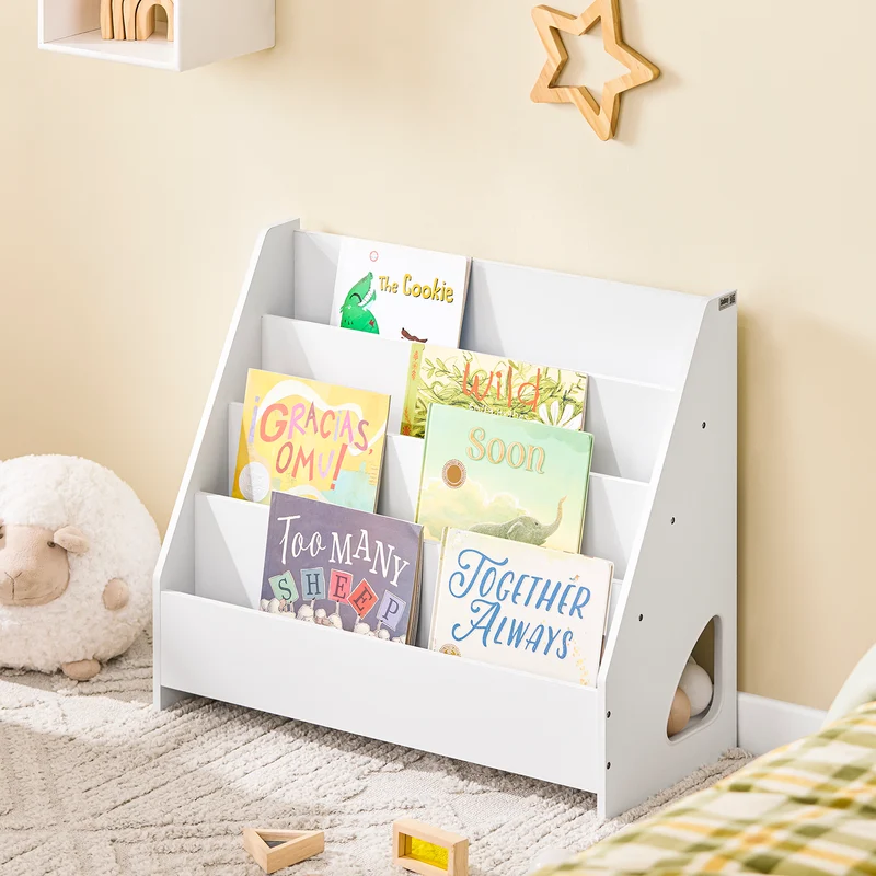 SoBuy KMB32-K-W Bibliothèque Enfant Montessori avec 4 Niveaux, Coins Arrondis et Dispositif Anti-Basculement – L70×P30×H60 cm, PB E1, Blanc