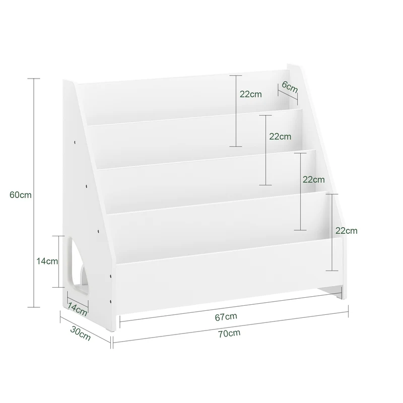 SoBuy KMB32-K-W Bibliothèque Enfant Montessori avec 4 Niveaux, Coins Arrondis et Dispositif Anti-Basculement – L70×P30×H60 cm, PB E1, Blanc
