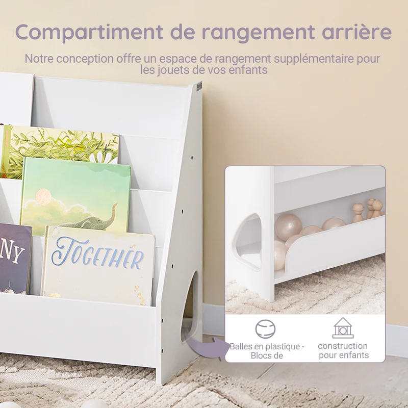 SoBuy KMB32-K-W Bibliothèque Enfant Montessori avec 4 Niveaux, Coins Arrondis et Dispositif Anti-Basculement – L70×P30×H60 cm, PB E1, Blanc