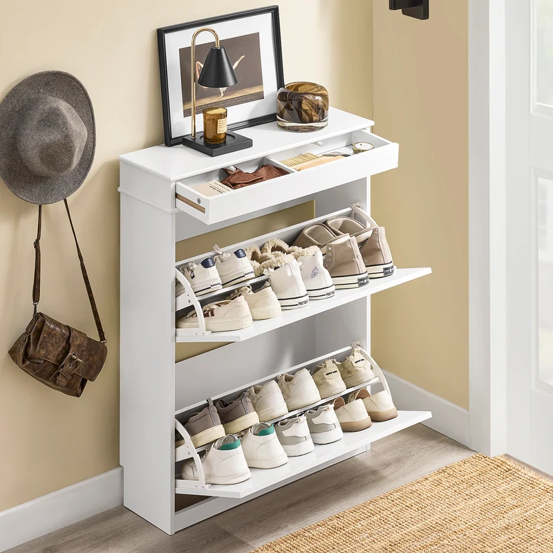 SoBuy FSR78-L-W Armoire à Chaussures Slim 24 cm – 2 Abattants, 12 Paires, Tiroir, Dos Ventilé, 75×24×96 cm, Blanc