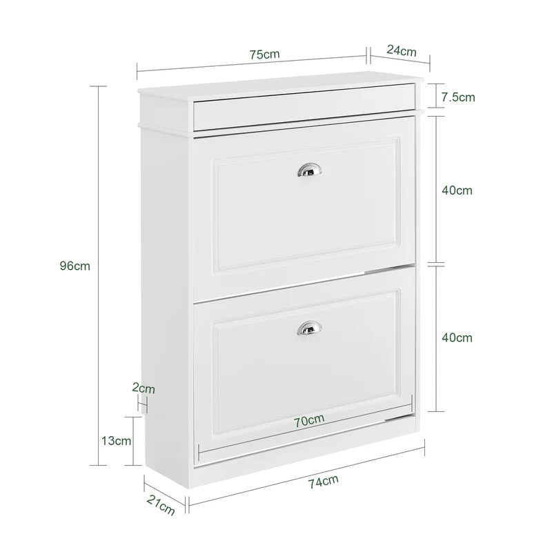 SoBuy FSR78-L-W Armoire à Chaussures Slim 24 cm – 2 Abattants, 12 Paires, Tiroir, Dos Ventilé, 75×24×96 cm, Blanc