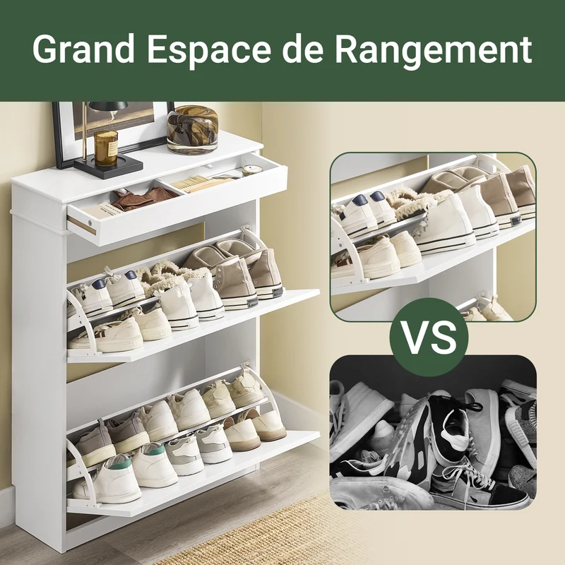 SoBuy FSR78-L-W Armoire à Chaussures Slim 24 cm – 2 Abattants, 12 Paires, Tiroir, Dos Ventilé, 75×24×96 cm, Blanc