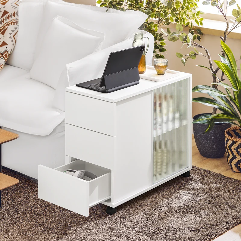 SoBuy FBT141-W Bout de Canapé, Table d'appoint Roulante, Table Basse, Table à Café avec 3 Tiroir, pour Salon, Bureau, Chambre