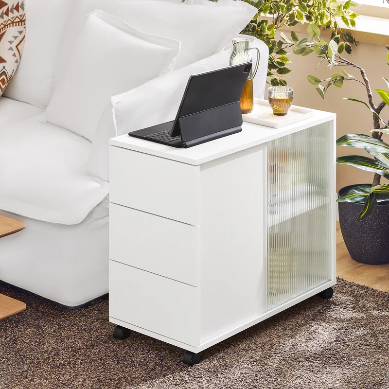 SoBuy FBT141-W Bout de Canapé, Table d'appoint Roulante, Table Basse, Table à Café avec 3 Tiroir, pour Salon, Bureau, Chambre