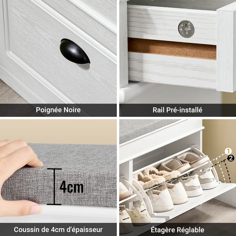 SoBuy FSR64-WG Meuble à Chaussures avec Banc d'Entrée, Coffre et Coussin – Slim 24 cm, Effet Bois Blanc