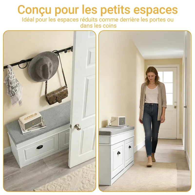 SoBuy FSR64-WG Meuble à Chaussures avec Banc d'Entrée, Coffre et Coussin – Slim 24 cm, Effet Bois Blanc