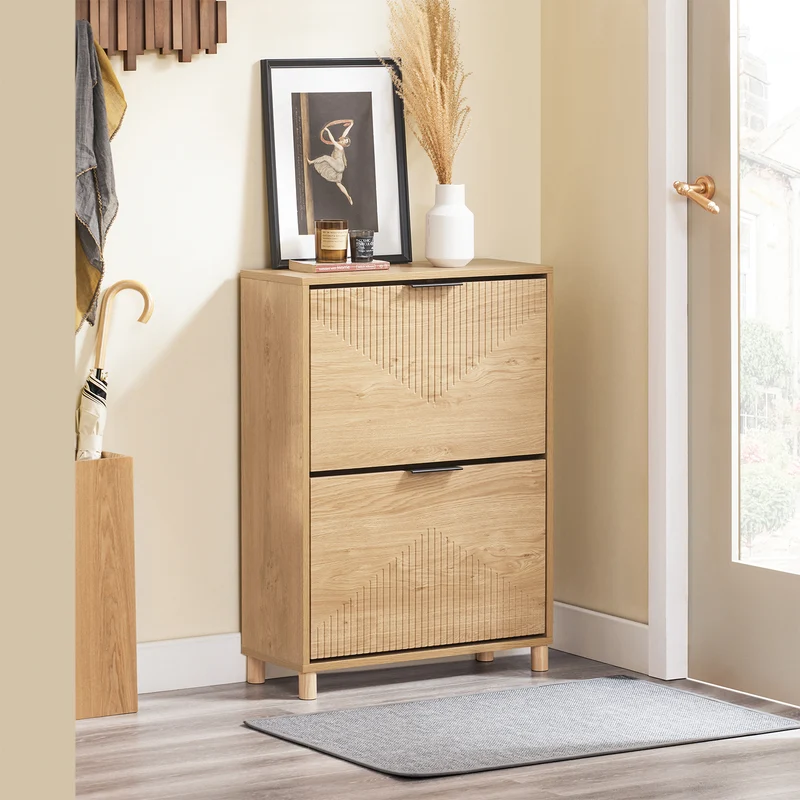 SoBuy FSR200-II-N Meuble à Chaussures 2 Abattants – 8 Paires, Pointure EU 47, Étagères Modulables, Anti-Basculement, 60×24×83 cm, Bois Clair