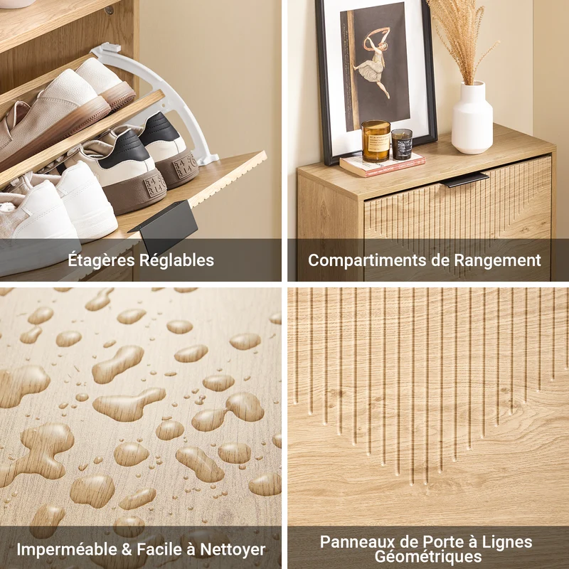 SoBuy FSR200-II-N Meuble à Chaussures 2 Abattants – 8 Paires, Pointure EU 47, Étagères Modulables, Anti-Basculement, 60×24×83 cm, Bois Clair