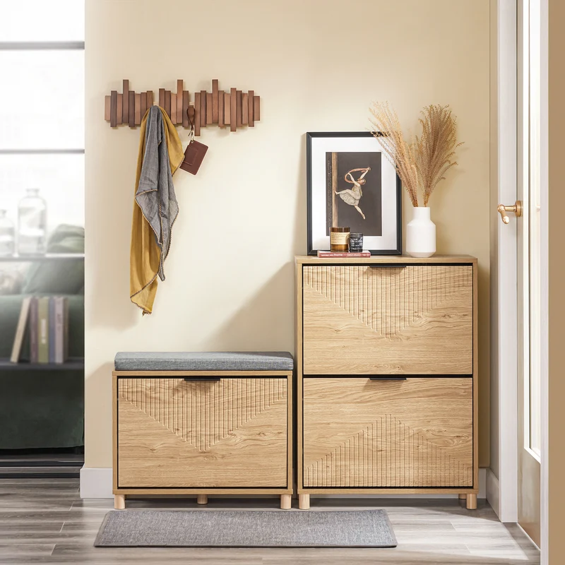 SoBuy FSR200-II-N Meuble à Chaussures 2 Abattants – 8 Paires, Pointure EU 47, Étagères Modulables, Anti-Basculement, 60×24×83 cm, Bois Clair