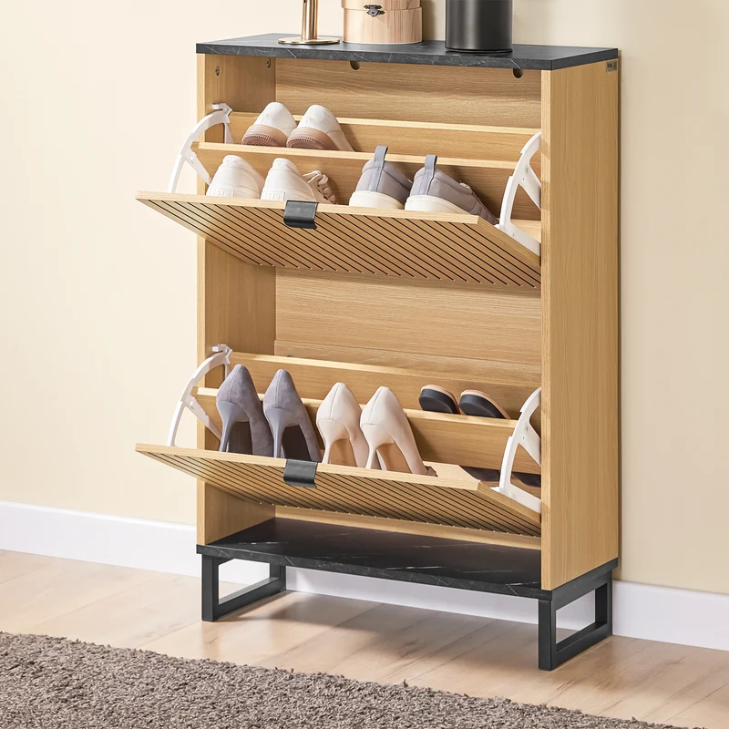 SoBuy FSR202-N Armoire à Chaussures Slim 2 Abattants 8-12 Paires, Pieds Métal, Fixation Murale – L60 × P24 × H88 cm