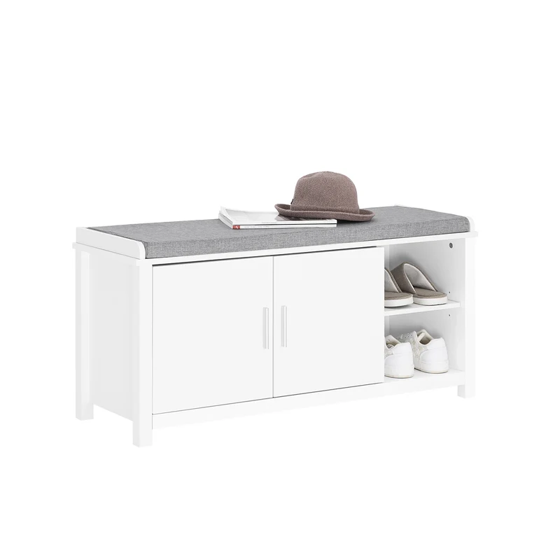SoBuy FSR168-W Banc à Chaussures Banc de Rangement Meuble d'Entrée Meuble à Chaussures, 2 Portes Coussin Rembourré