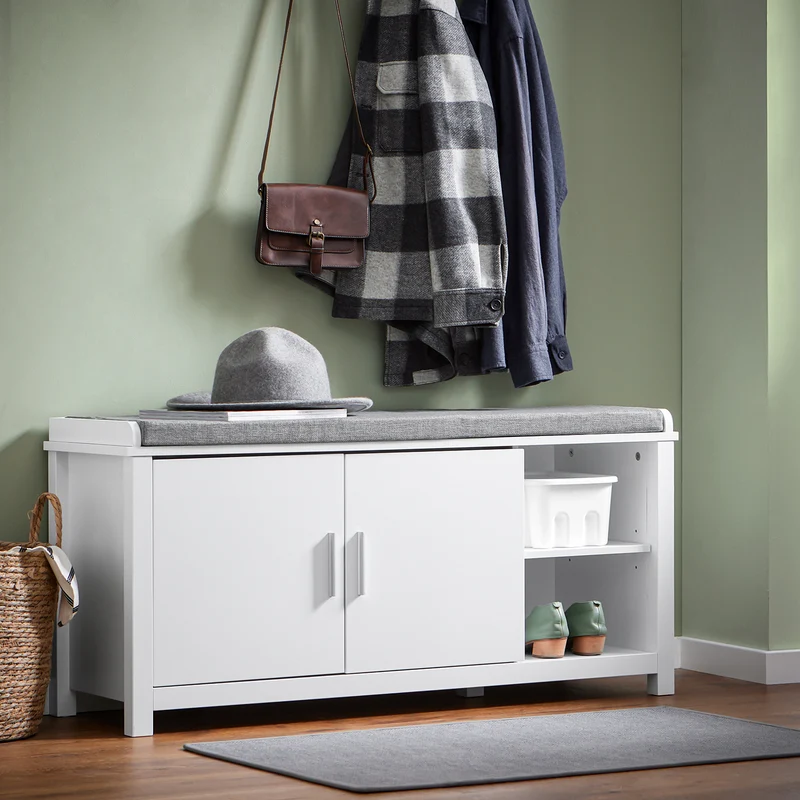 SoBuy FSR168-W Banc à Chaussures Banc de Rangement Meuble d'Entrée Meuble à Chaussures, 2 Portes Coussin Rembourré