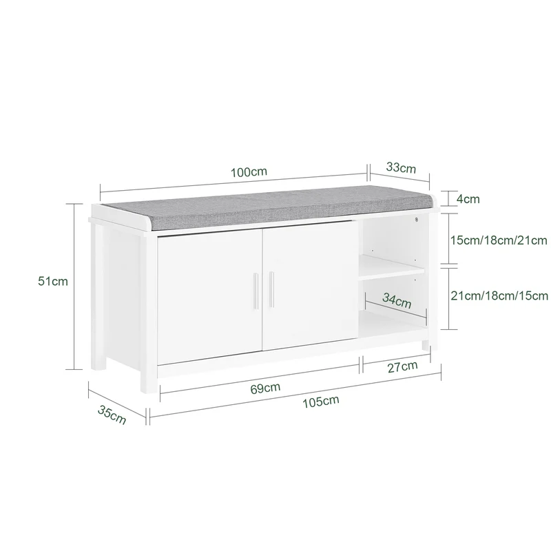 SoBuy FSR168-W Banc à Chaussures Banc de Rangement Meuble d'Entrée Meuble à Chaussures, 2 Portes Coussin Rembourré
