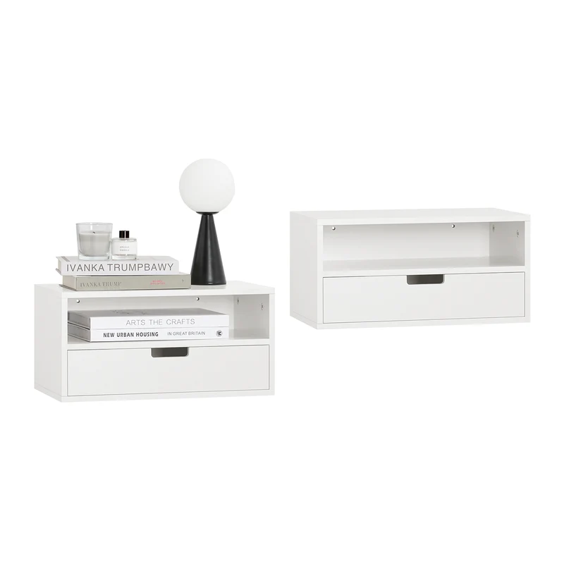 SoBuy NKD03-Wx2 Table de Chevet Murale, Table de Nuit Flottante avec Tiroir et Plateau, Étagère Murale pour Chambre à Coucher, L 45 x P 25 x H 22 cm, Blanc