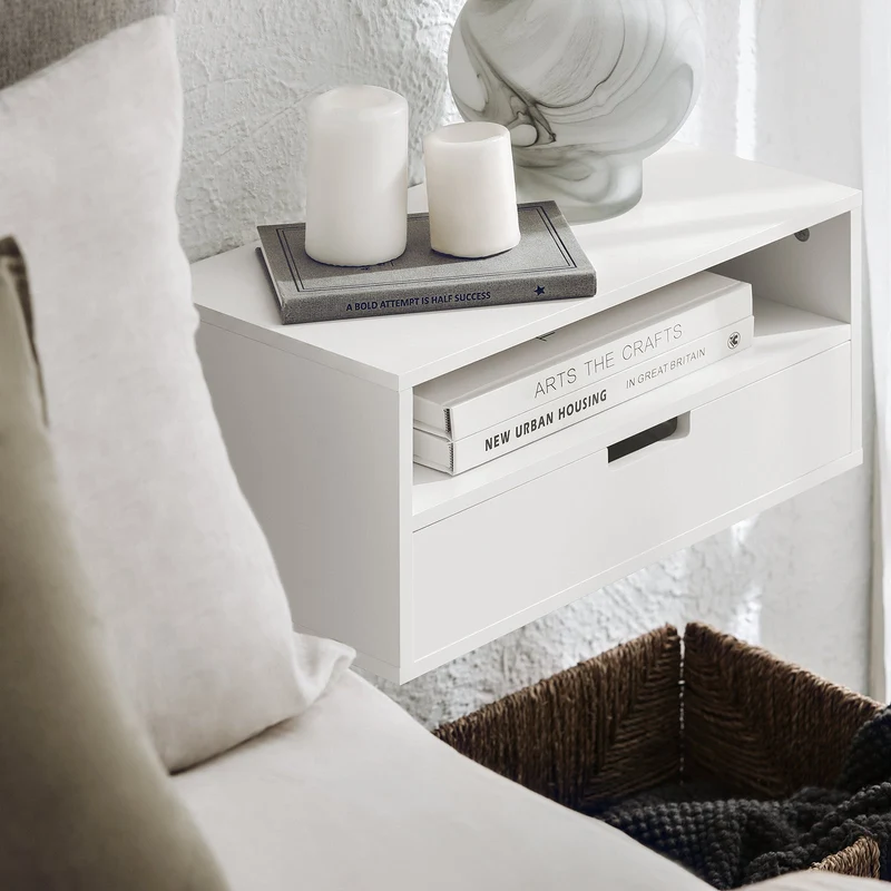 SoBuy NKD03-Wx2 Table de Chevet Murale, Table de Nuit Flottante avec Tiroir et Plateau, Étagère Murale pour Chambre à Coucher, L 45 x P 25 x H 22 cm, Blanc