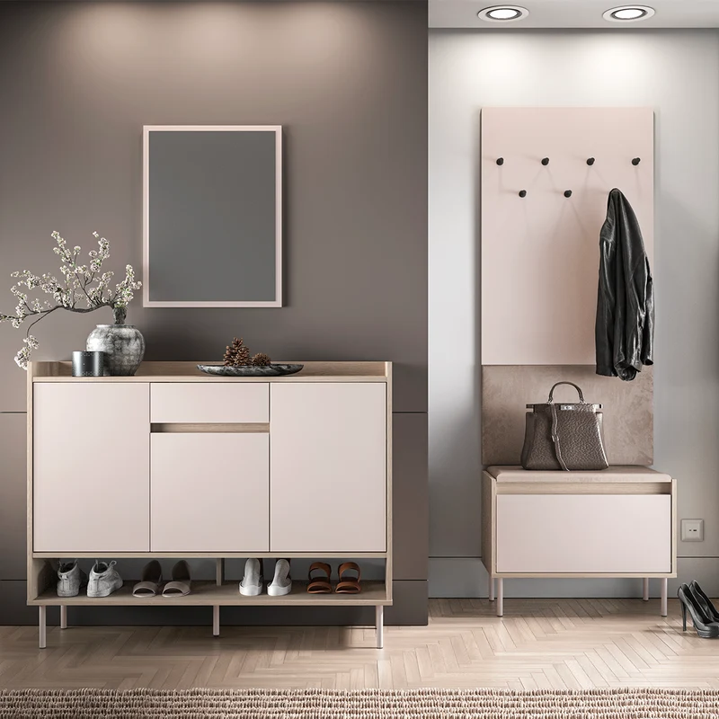 Meuble entrée porte-manteau et banc à chaussures 1 porte Alos Cachemire et Bois