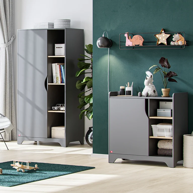 Chambre complète lit bébé - commode à langer - armoire 1 porte Vox Leaf Gris et bois