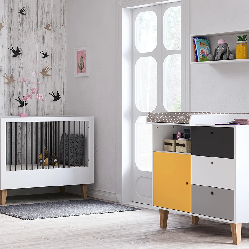 Lit bébé évolutif et Commode à langer Vox Concept Jaune