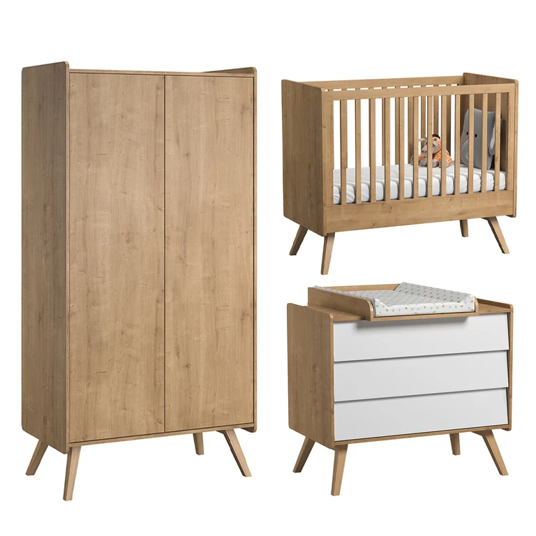 Chambre complète lit bébé - commode 3 tiroirs - armoire 2 portes Vox Vintage Bois Blanc
