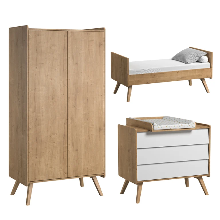 Chambre complète lit bébé évolutif - commode 3 tiroirs - armoire 2 portes Vox Vintage Bois Blanc