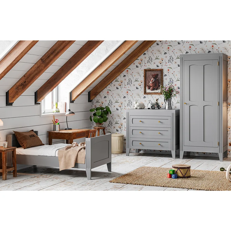 Lit bébé évolutif et commode 3 tiroirs Vox Milenne Gris