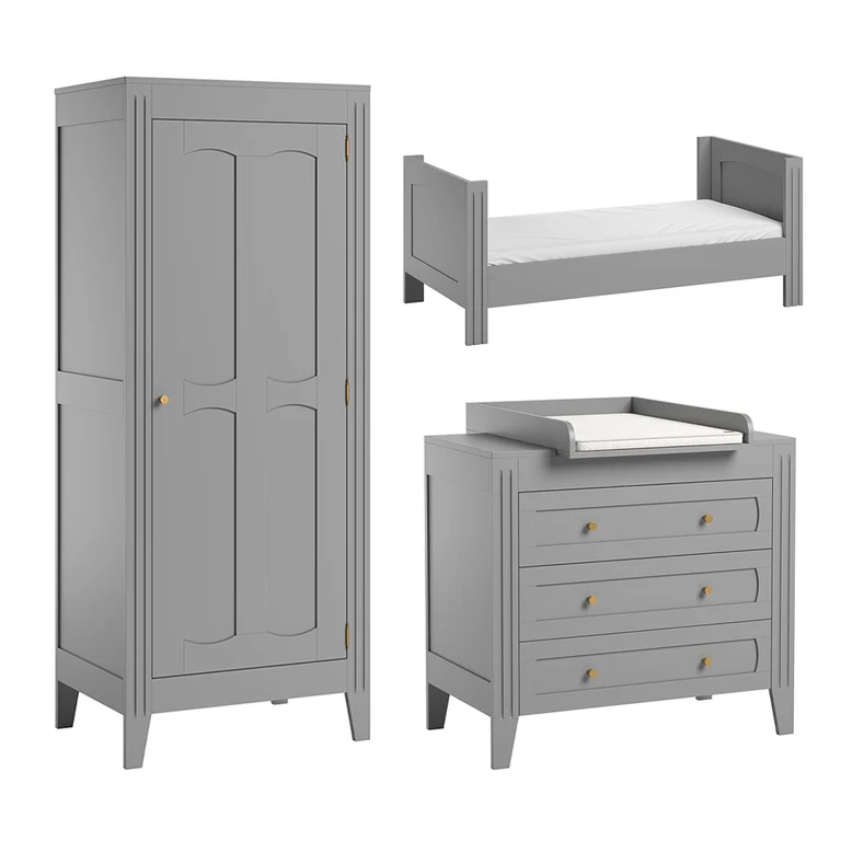 Chambre complète lit bébé évolutif commode à langer et armoire 1 porte Vox Milenne Gris