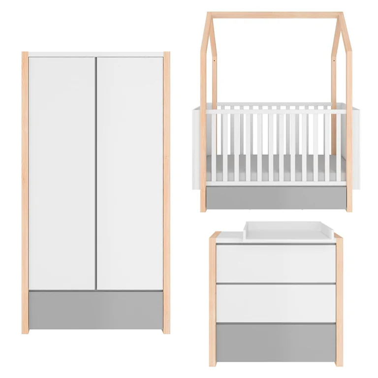 Chambre complète lit évolutif cabane 70x140 commode à langer et armoire 2 portes Bellamy Pinette Blanc et gris