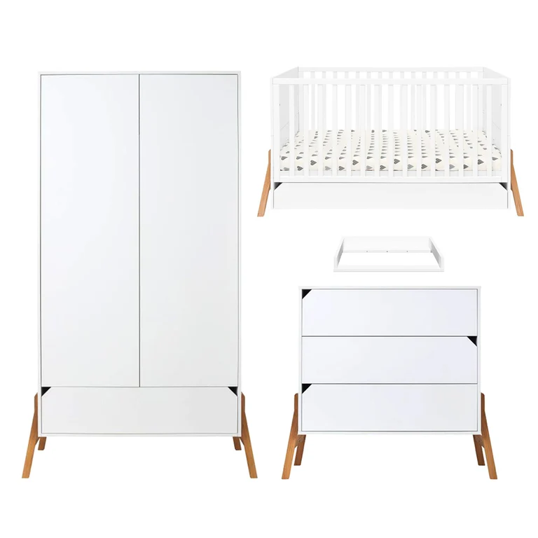 Chambre complète lit évolutif 70x140 commode à langer et armoire 2 portes Bellamy Lotta Blanc