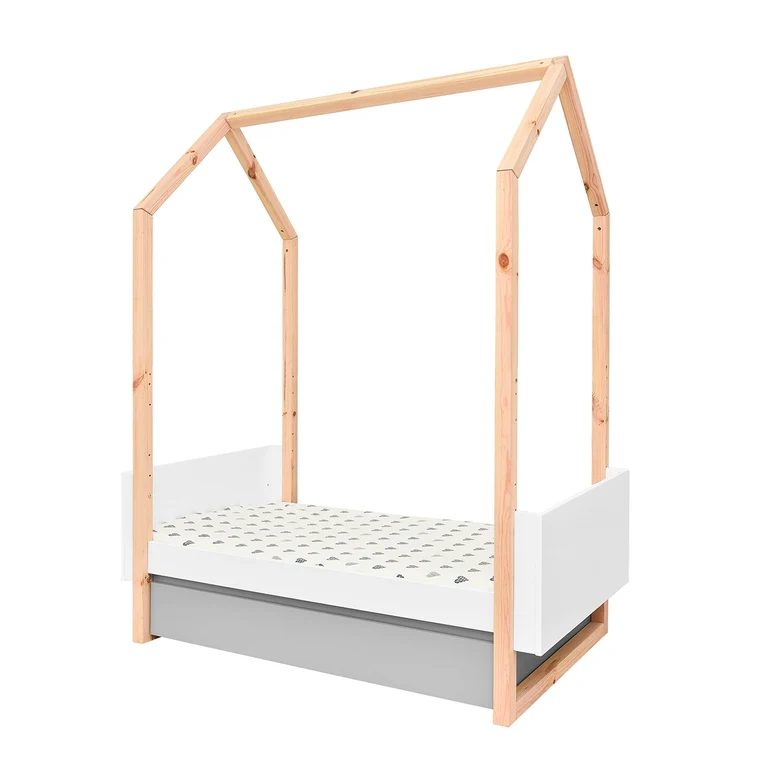 Lit évolutif cabane 70x140 en 70x160 tiroir inclus Bellamy Pinette Blanc et gris