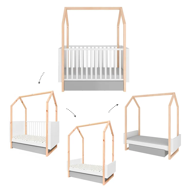 Lit évolutif cabane 70x140 en 70x160 tiroir inclus Bellamy Pinette Blanc et gris