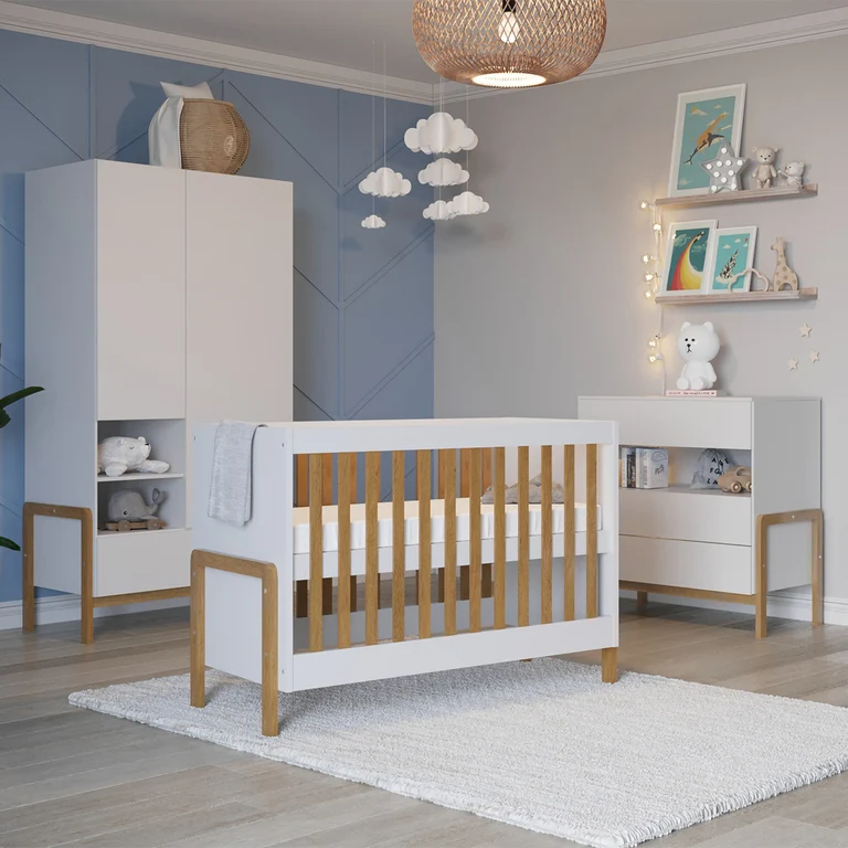 Lit bebe 60x120 et commode 3 tiroirs Kocot Kids Victor - Blanc et Chêne