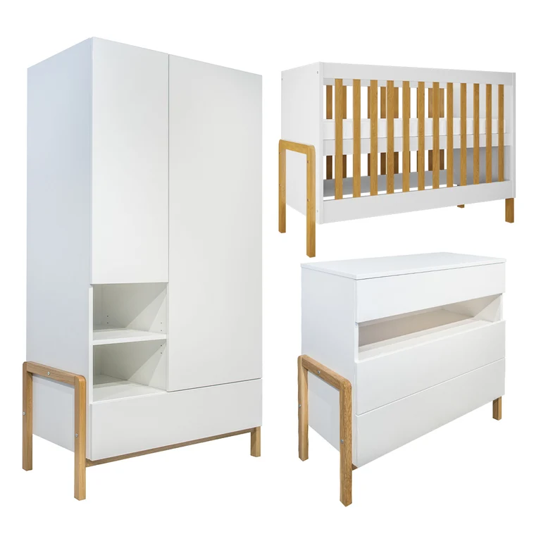 Chambre complète lit bébé 60x120 commode 3 tiroirs et armoire 2 portes Kocot Kids Victor - Blanc et Chêne