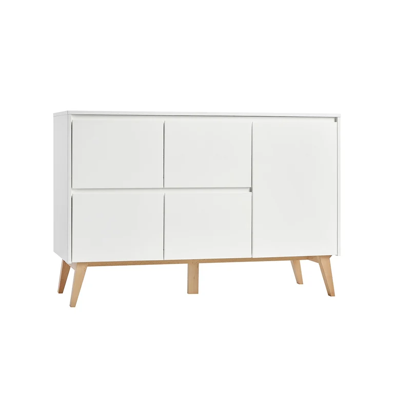 Lit évolutif 70x140 et commode 4 tiroirs 1 porte Pinio Swing - Blanc et bois