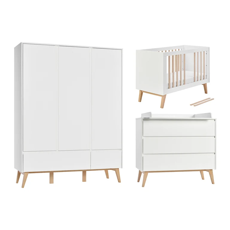 Chambre complète lit évolutif 60x120 commode à langer et armoire 3 portes Pinio Swing - Blanc et bois