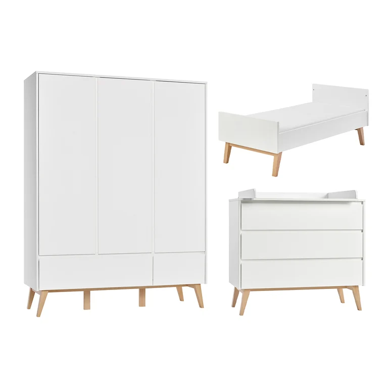 Chambre complète lit évolutif 70x140 commode à langer et armoire 3 portes Pinio Swing - Blanc et bois