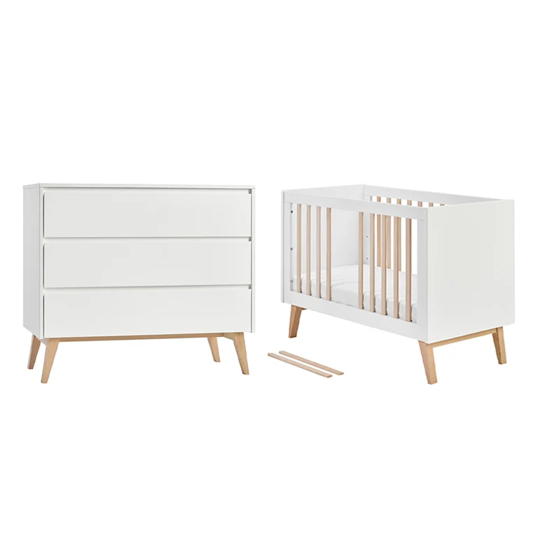 Lit évolutif 60x120 et commode 3 tiroirs Pinio Swing - Blanc et bois