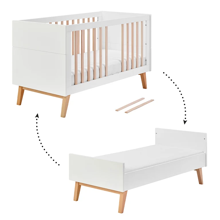 Lit évolutif 70x140 et commode 3 tiroirs Pinio Swing - Blanc et bois