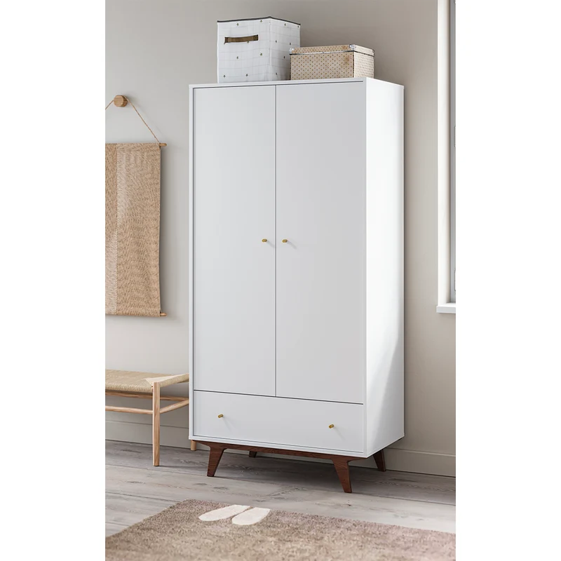 Lit évolutif 70x140 et armoire 2 portes 1 tiroir Vox Mid - Blanc et bois