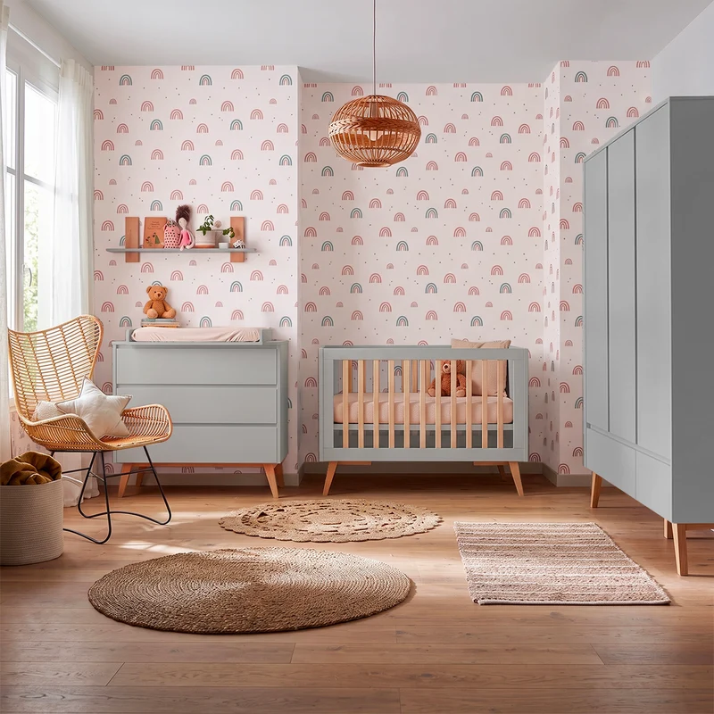 Chambre complète lit évolutif 60x120 commode à langer et armoire 3 portes Pinio Swing Gris et bois