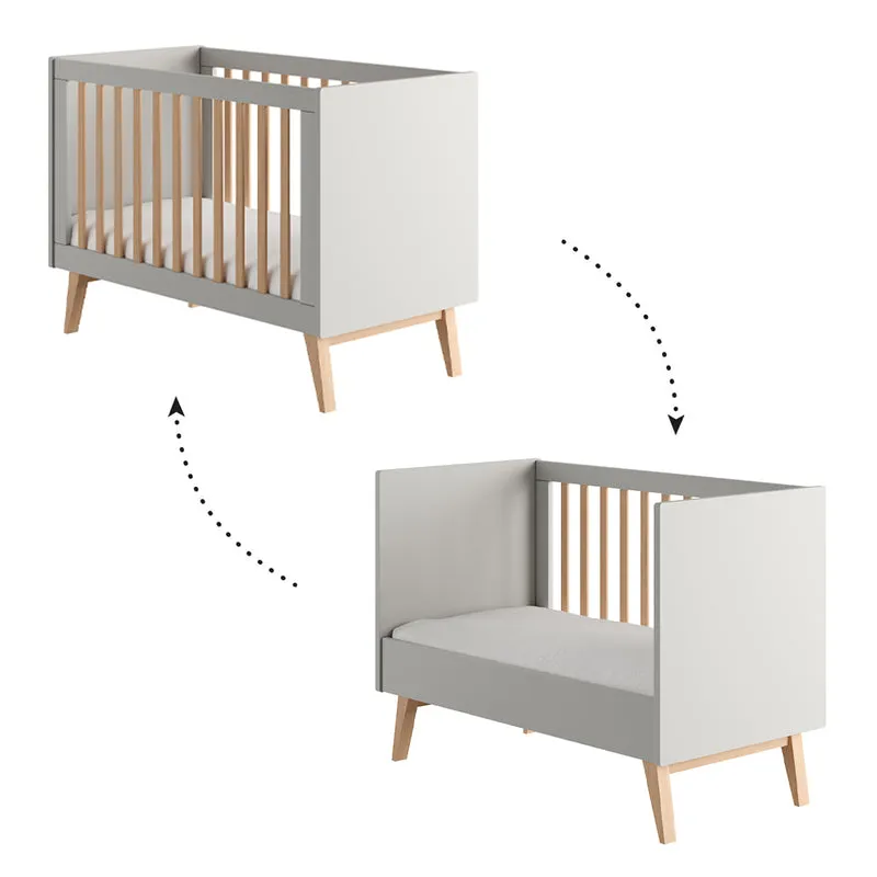 Chambre complète lit évolutif 60x120 commode à langer et armoire 2 portes Pinio Swing Gris et bois